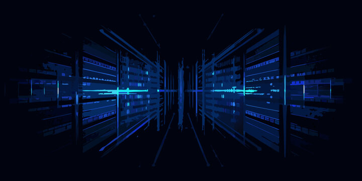 server room data corridor symmetrical perspective with blue lighting