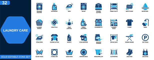 Laundry care icon set. Washing machine, detergent, fabric care, ironing, drying, hygiene, household cleaning, textile service. Editable icons collection. Vector.