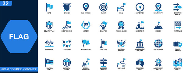 Flag icon set for navigation and achievement themes. Map marker, target goal, country identity, independence, victory badge, leadership mission. Editable icons collection. Vector. © aura studio