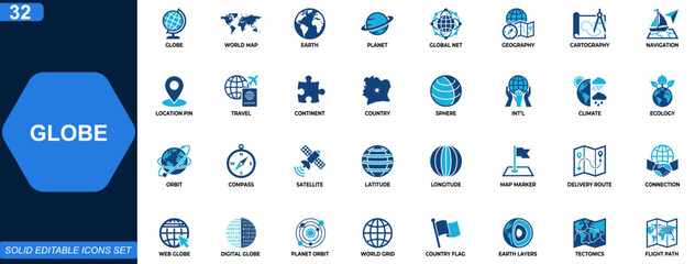 Globe and world map icon set. Earth, global network, geography, cartography, location, travel, communication, planet, navigation. Editable icons collection. Vector. © aura studio