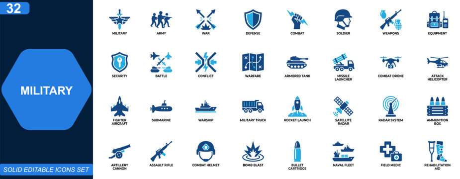 Military icon set. Army, war, defense, weapons, combat equipment, aircraft, armored vehicles, missiles, drone technology. Editable icons collection. Vector.