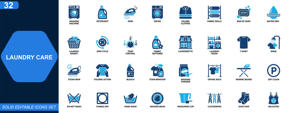 Laundry care icon set. Washing machine, detergent, fabric care, ironing, drying, hygiene, household cleaning, textile service. Editable icons collection. Vector.