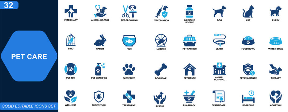 Pet care and veterinary clinic icon set. Animal healthcare, vet clinic, pet grooming, vaccination, medicine, dog, cat, leash, food care. Editable icons collection. Vector.