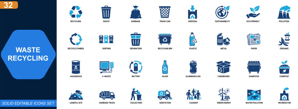 Waste recycling and garbage disposal icon set. Trash sorting, rubbish separation, eco sustainability, recycling bins, plastic metal paper waste, hazardous disposal. Editable icons collection. Vector.