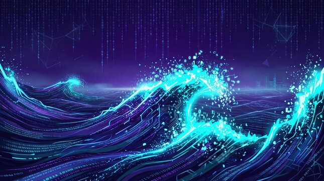 Glowing digital wave with contour lines and binary code on a dark blue background representing data flow and technology