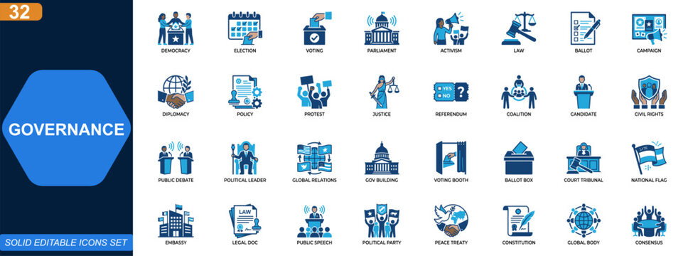 Politics and governance icon set. Democracy, election, parliament, voting, activism, diplomacy, law, government policy. Editable icons collection. Vector.