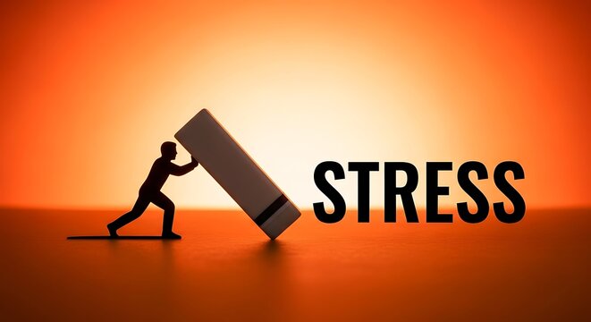 Stress management concept with silhouette of man erasing word with giant eraser, mental health and burnout relief, orange sunset background