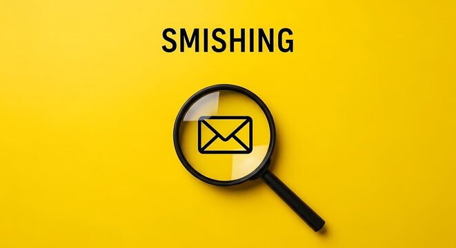 Smishing cyber security concept with magnifying glass over envelope icon, mobile phishing fraud alert, sms scam detection on yellow background