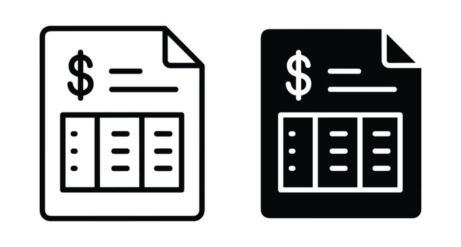 Financial invoice document icon set with dollar sign and data table for billing accounting payment transaction report plus business management