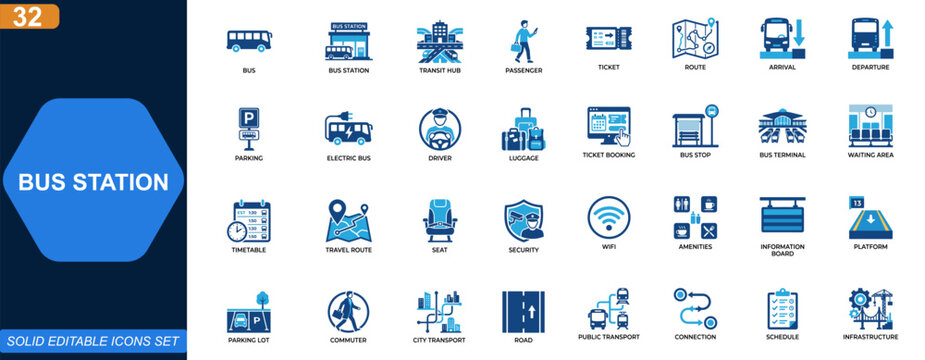 Bus station icon set. Public transport, transit hub, passenger services, ticket booking, arrivals, parking, electric bus, travel routes. Editable icons collection. Vector.
