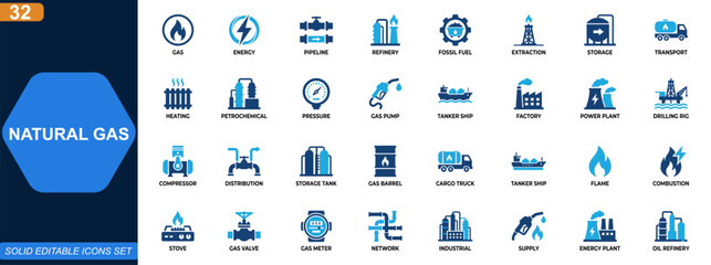 Natural gas industry icon set. Energy production, pipeline infrastructure, fossil fuel extraction, refinery operations, heating systems, transport logistics. Editable icons collection. Vector. © aura studio