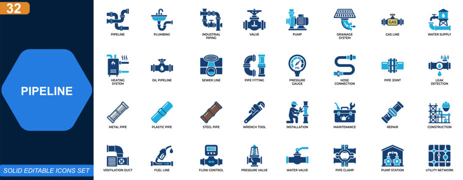 Pipeline icon set. Plumbing, industrial piping, valves, pumps, drainage systems, gas lines, water supply, heating installation. Editable icons collection. Vector.
