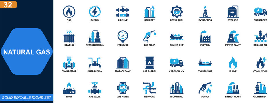 Natural gas industry icon set. Energy production, pipeline infrastructure, fossil fuel extraction, refinery operations, heating systems, transport logistics. Editable icons collection. Vector.
