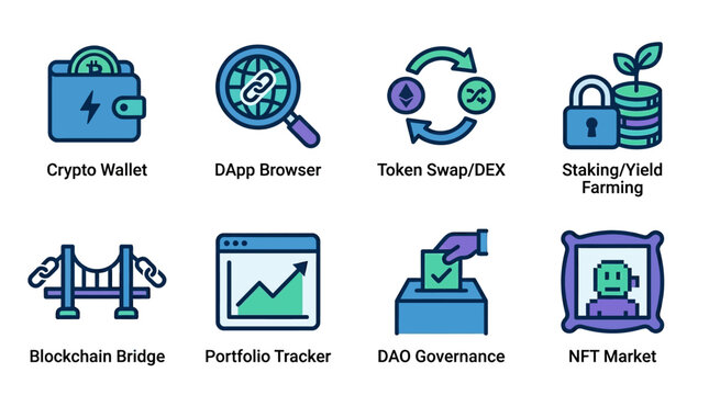 Cryptocurrency and blockchain technology icons.