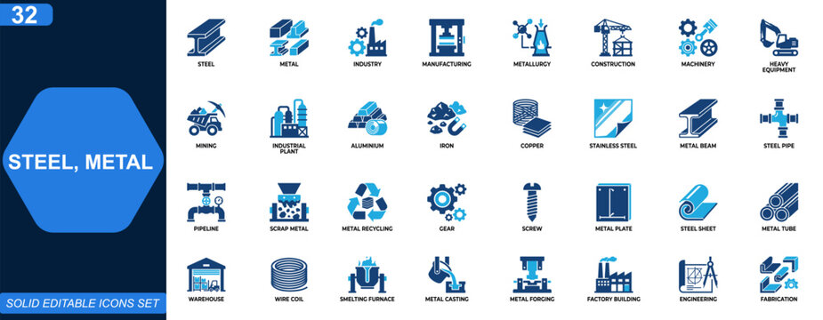 Steel and metal industry icon set. Manufacturing, metallurgy, construction, heavy equipment, machinery, industrial materials, mining, fabrication. Editable icons collection. Vector.