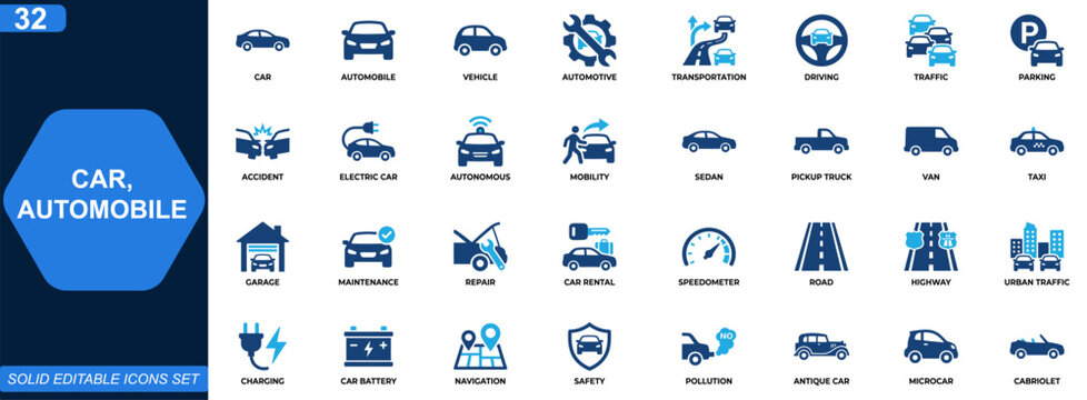 Car and automobile transportation icon set. Vehicle, automotive, driving, traffic, parking, accident, electric car, autonomous vehicle, mobility. Editable icons collection. Vector.