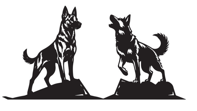 German Shepherd dog silhouette vector, Belgian Malinois working dog illustrations, black and white canine pet graphics for logo design