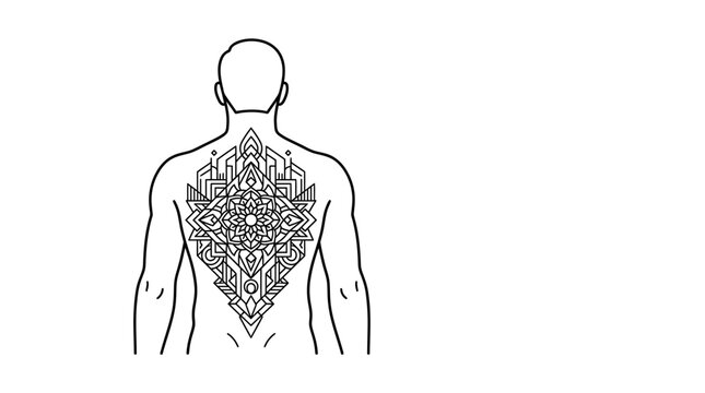 Intricate geometric tattoo design on a mans back.