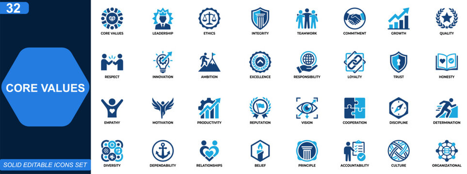 Core values icon set for corporate culture and leadership principles. Ethics, integrity, ambition, teamwork, commitment, growth, quality, respect, innovation. Editable icons collection. Vector.