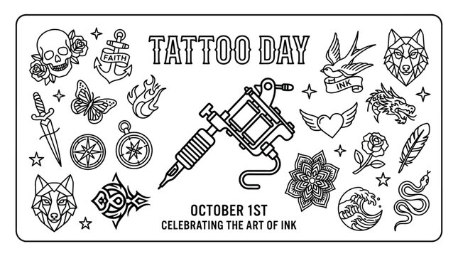 Tattoo Day celebration poster with hand drawn ink machine and various classic flash tattoo designs.