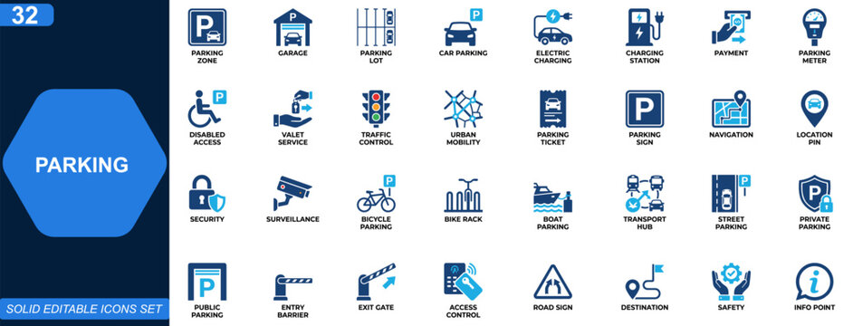 Parking icon set. Car, garage, electric charging, payment, disabled access, valet service, traffic control, urban mobility. Editable icons collection. Vector.