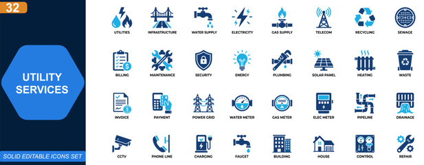 Fototapeta premium Utility services icon set. Water, electricity, gas, telecom, infrastructure, recycling, maintenance, billing, security, urban utilities. Editable icons collection. Vector.
