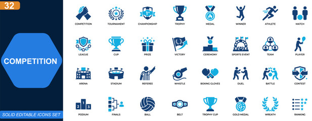 Competition and tournament icon set. Championship, trophy, medal, winner, athlete, match, league, arena, victory, sports event awards. Editable icons collection. Vector. © aura studio