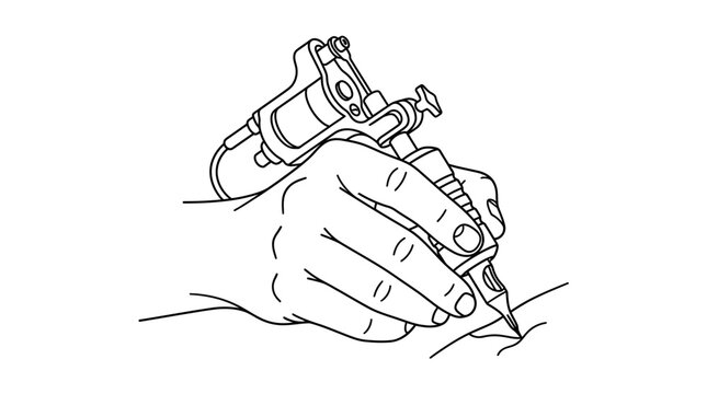 Black and white line art of a hand holding a professional tattoo machine.