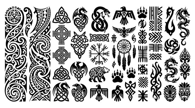Collection of Ancient Norse and Celtic Tribal Tattoo Symbols and Designs.