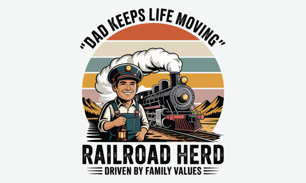 Vintage Railroad Workers Team Illustration with Train and Keep Life Moving Slogan
