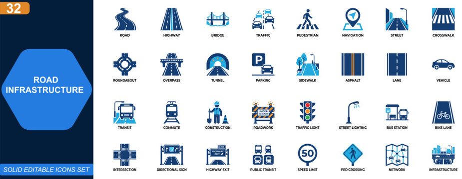 Road infrastructure icon set. Transportation, highway, bridge, traffic control, pedestrian crossing, urban streets, navigation system. Editable icons collection. Vector.