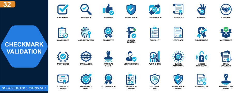Checkmark validation icon set. Approval, verification, confirmation, certificate, consent, agreement, quality assurance, guarantee, compliance. Editable icons collection. Vector.