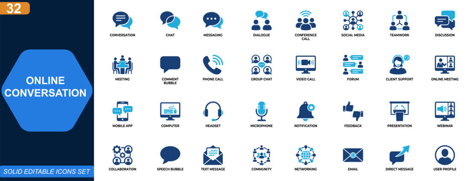 Online conversation and chat icon set. Messaging, dialogue, conference call, social media, teamwork collaboration, forum discussion, mobile communication. Editable icons collection. Vector.