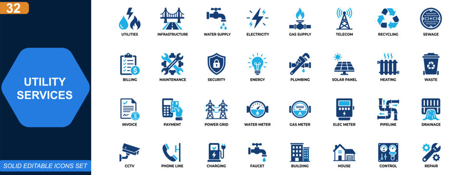 Utility services icon set. Water, electricity, gas, telecom, infrastructure, recycling, maintenance, billing, security, urban utilities. Editable icons collection. Vector.