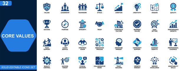 Core values icon set for business and corporate culture. leadership, teamwork, ethics, ambition, creativity, mission, quality, success. Editable icons collection. Vector. © aura studio