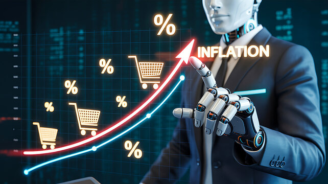Humanoid robot presenting inflation growth and rising financial market concept