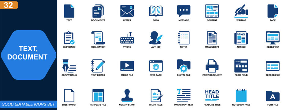 Text and document icon set. document, text, file, book, letter, message, content, writing, page, clipboard, publication, typing, author, notes. Editable icons collection. Vector.