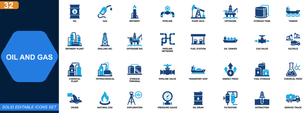 Oil and gas industry icon set. Petroleum, drilling, refinery, pipeline, energy, fuel, offshore platform, storage, petrochemical, tanker transport. Editable icons collection. Vector.
