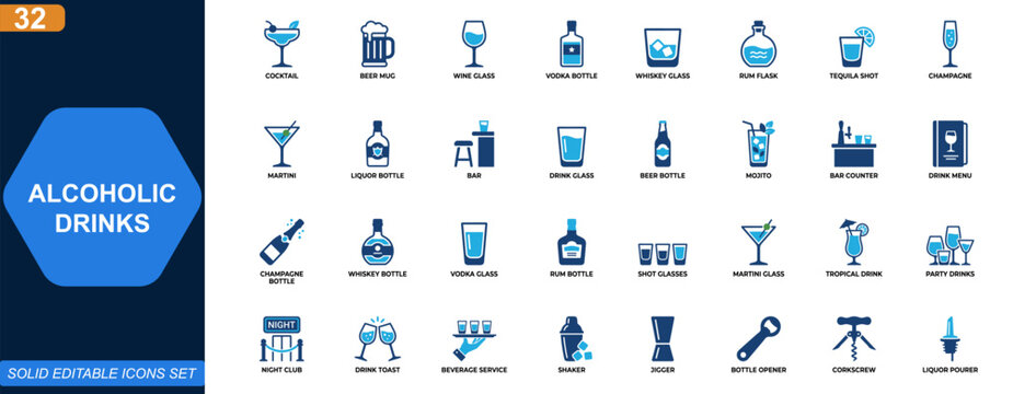 Alcoholic drinks icon set. Cocktail, beer, wine, whiskey, vodka, rum, bar, party, glassware, bottle, champagne, tequila, martini, pub, celebration. Editable icons collection. Vector.