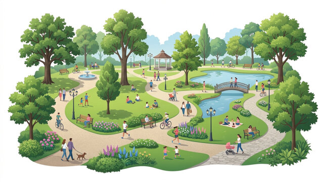 Public city park landscape with people, green urban garden with walking paths and pond, summer outdoor recreation area vector illustration