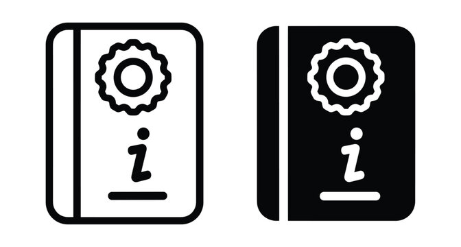 User manual guide book icon set with information symbol and gear sign for technical documentation instructions help and support services