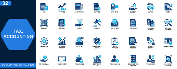 Fototapeta na wymiar Tax and accounting icon set. tax, finance, accounting, invoice, payment, budget, refund, audit, corporate, report, credit, penalty. Editable icons collection. Vector.