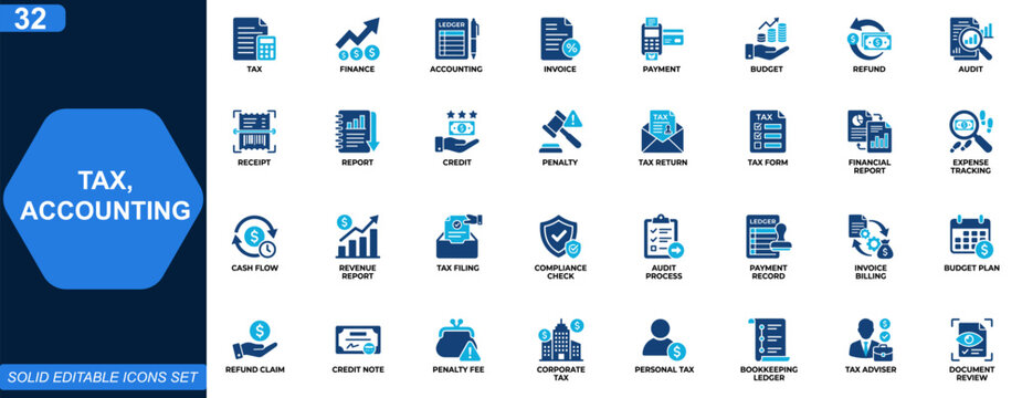 Tax and accounting icon set. tax, finance, accounting, invoice, payment, budget, refund, audit, corporate, report, credit, penalty. Editable icons collection. Vector.