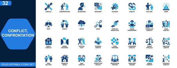 Conflict and confrontation icon set. aggression, argument, violence, dispute, bullying, crisis, teamwork, leadership, resolution. Editable icons collection. Vector.