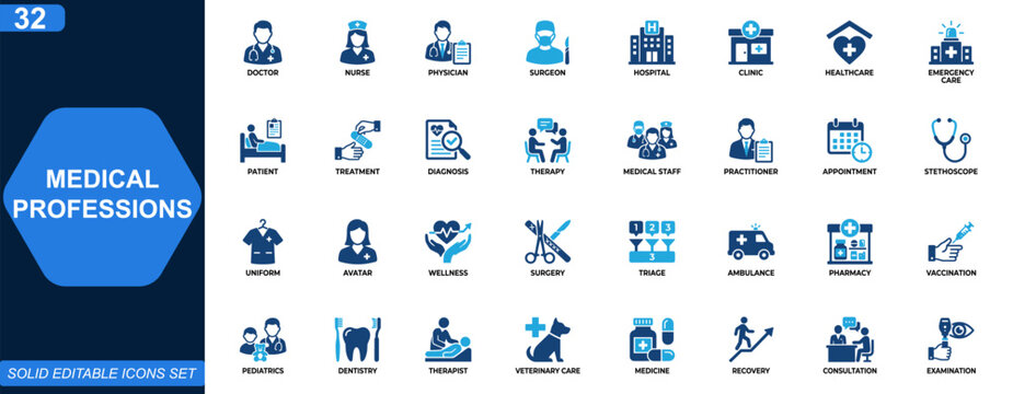 Medical professions icon set. Doctor, nurse, physician, surgeon, hospital, clinic, emergency care, healthcare staff, patient treatment, diagnosis, therapy. Editable icons collection. Vector.