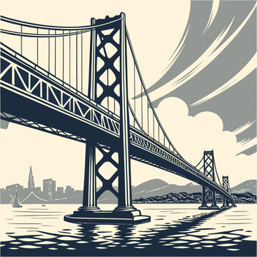 bay area bridge vector illustration with city skyline and water reflections grayscale