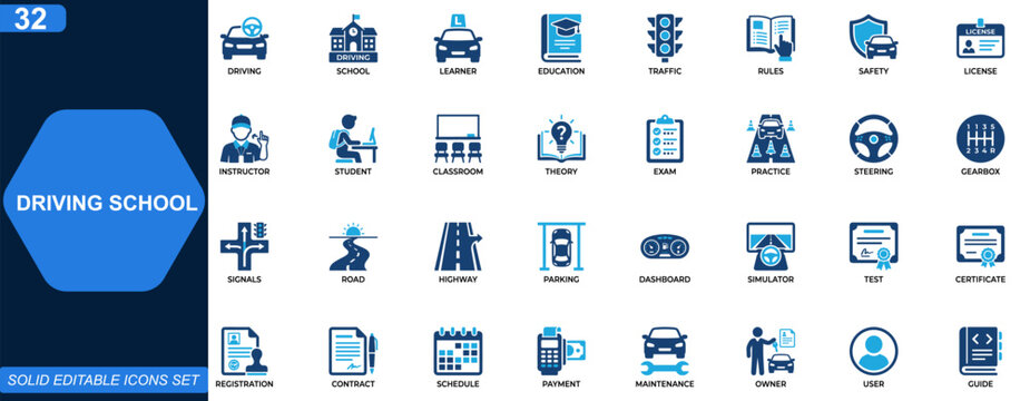 Driving school icon set. Driver education, car training, driving license, traffic rules, road safety, instructor lesson, vehicle exam. Editable icons collection. Vector.