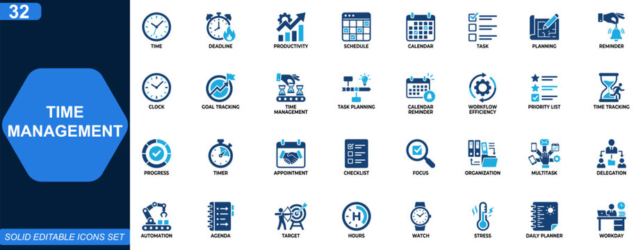 Time management icon set. Deadline, productivity, scheduling, task planning, calendar reminder, workflow efficiency, goal tracking. Editable icons collection. Vector.