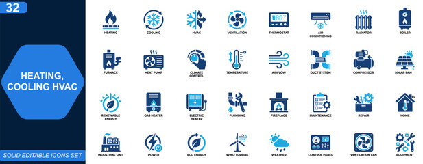 Fototapeta premium Heating and cooling HVAC icon set. Climate control, ventilation, thermostat, air conditioning, radiator, boiler, solar energy, plumbing repair. Editable icons collection. Vector.