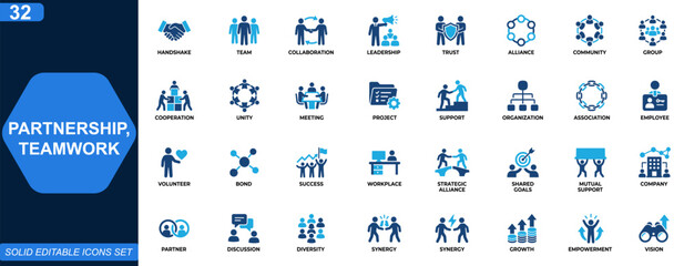 Naklejka na ściany i meble Partnership and teamwork icon set. Leadership, collaboration, cooperation, trust, community, alliance, group, relationship, company. Editable icons collection. Vector.